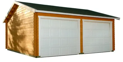 Garage double en madriers, portes sectionnelles blanches