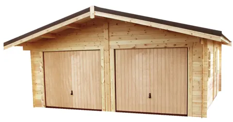 Garage double en madriers, deux portes bois